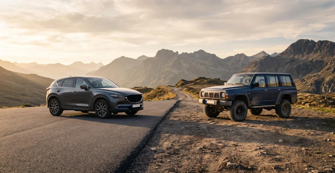 Un 4x4 robuste et un SUV citadin se croisant à la jonction entre une route asphaltée et une piste de montagne, symbolisant le choix entre deux usages automobiles