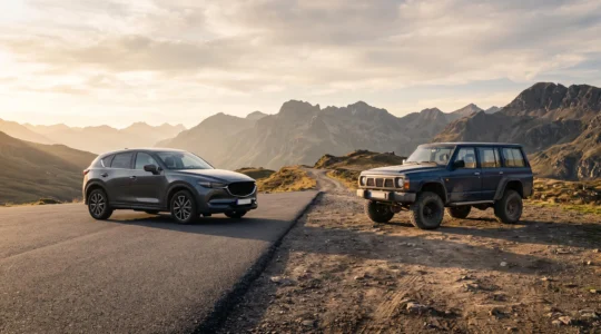 Un 4x4 robuste et un SUV citadin se croisant à la jonction entre une route asphaltée et une piste de montagne, symbolisant le choix entre deux usages automobiles