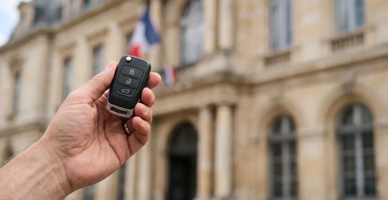 Main tenant une clé de voiture devant un bâtiment administratif flouté en arrière-plan, symbolisant les démarches de carte grise