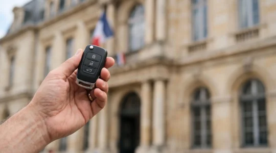 Main tenant une clé de voiture devant un bâtiment administratif flouté en arrière-plan, symbolisant les démarches de carte grise