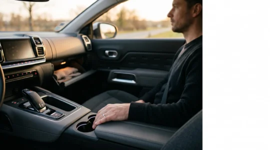 Conducteur organisant ses documents automobiles entre un espace numérique et un espace physique dans une voiture