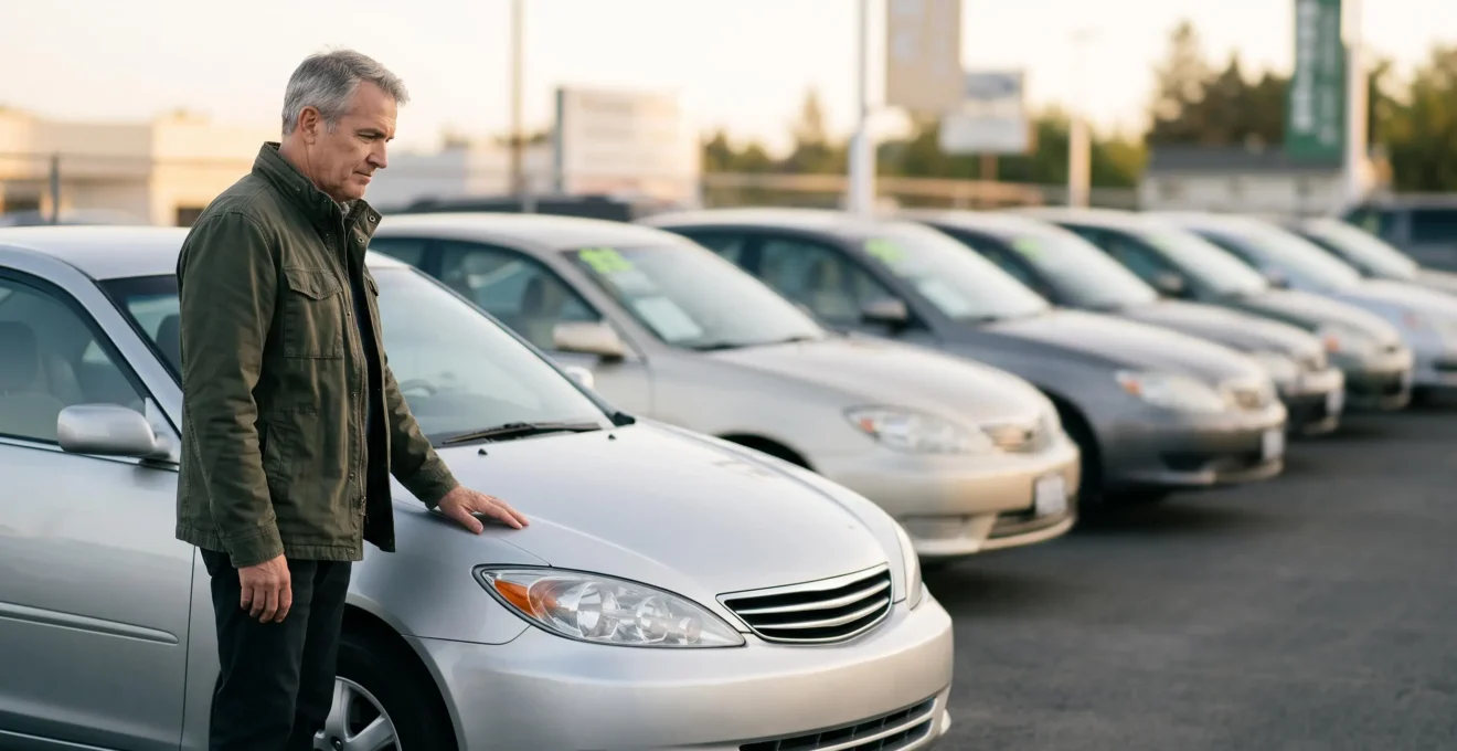 Acheteur examinant une voiture d'occasion dans un environnement mêlant concession traditionnelle et recherche digitale
