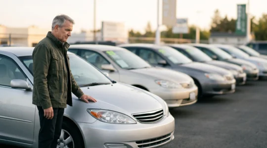 Acheteur examinant une voiture d'occasion dans un environnement mêlant concession traditionnelle et recherche digitale