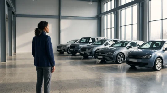 Silhouette de conducteur face à plusieurs véhicules de marques différentes symbolisant le choix automobile selon le budget