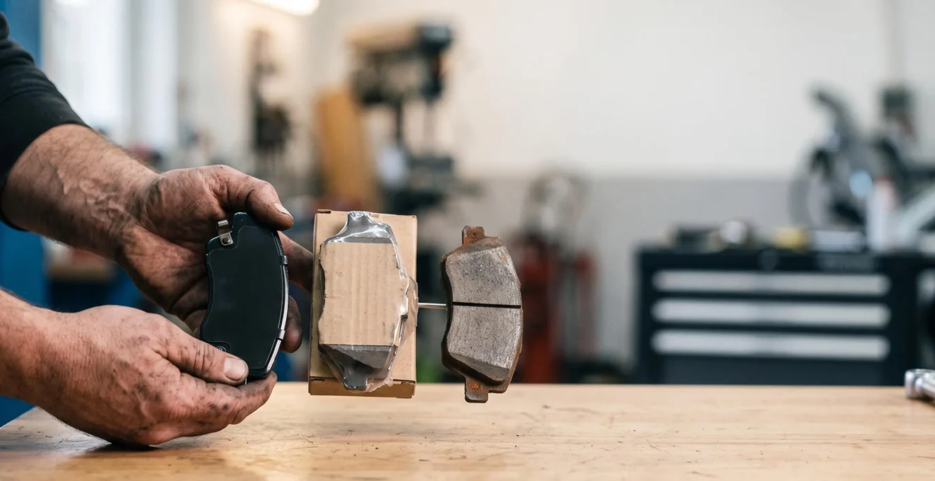 Mécanicien comparant trois pièces automobiles différentes dans un atelier lumineux, symbolisant le choix entre pièce d'origine, adaptable et occasion