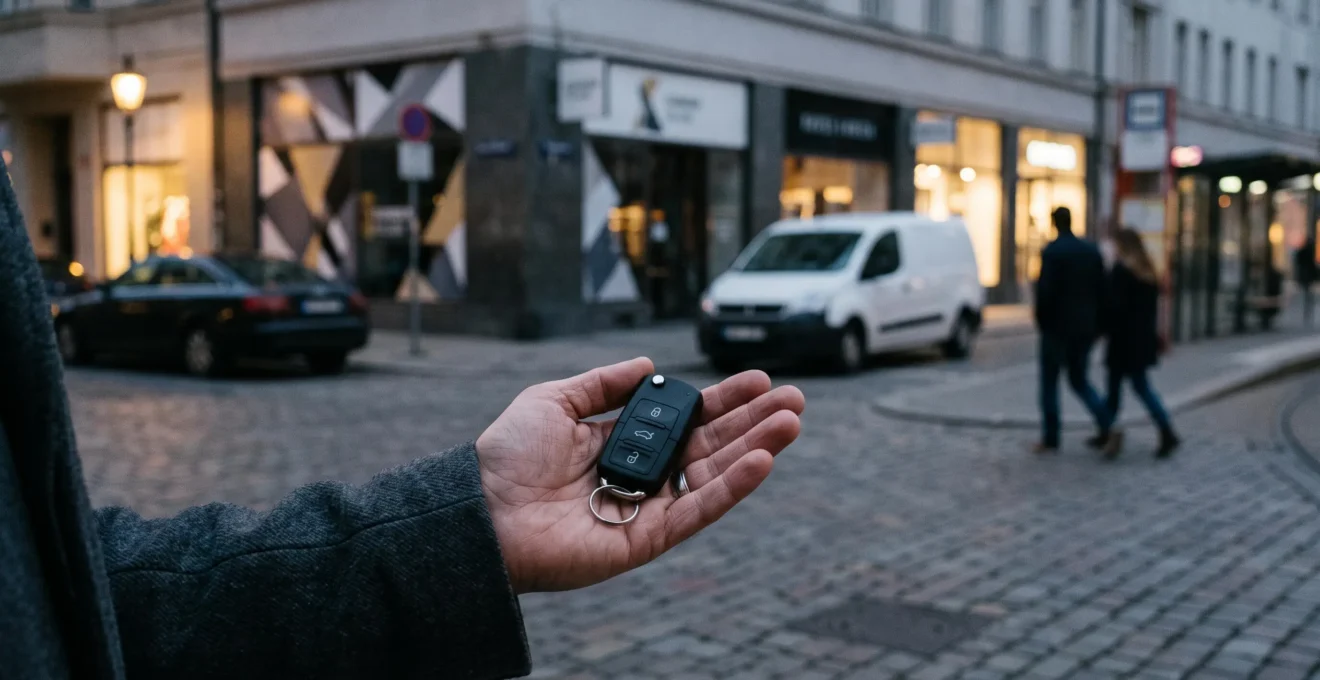Une main tenant des clés de voiture face à trois routes symbolisant le choix entre autopartage, location entre particuliers et covoiturage