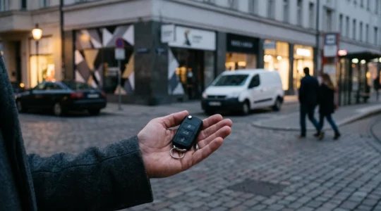 Une main tenant des clés de voiture face à trois routes symbolisant le choix entre autopartage, location entre particuliers et covoiturage