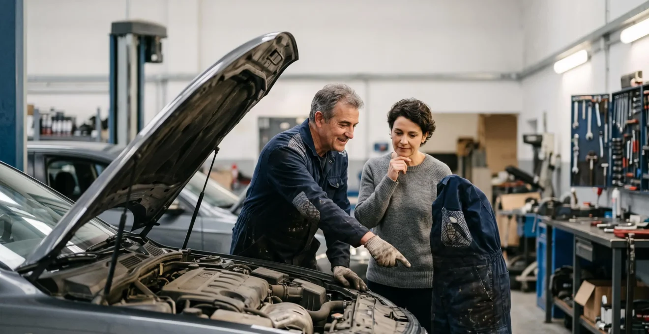 Un automobiliste et un mécanicien examinant ensemble un véhicule dans un atelier lumineux, symbole de confiance et de transparence
