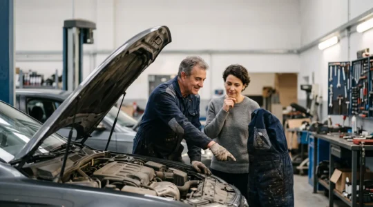 Un automobiliste et un mécanicien examinant ensemble un véhicule dans un atelier lumineux, symbole de confiance et de transparence