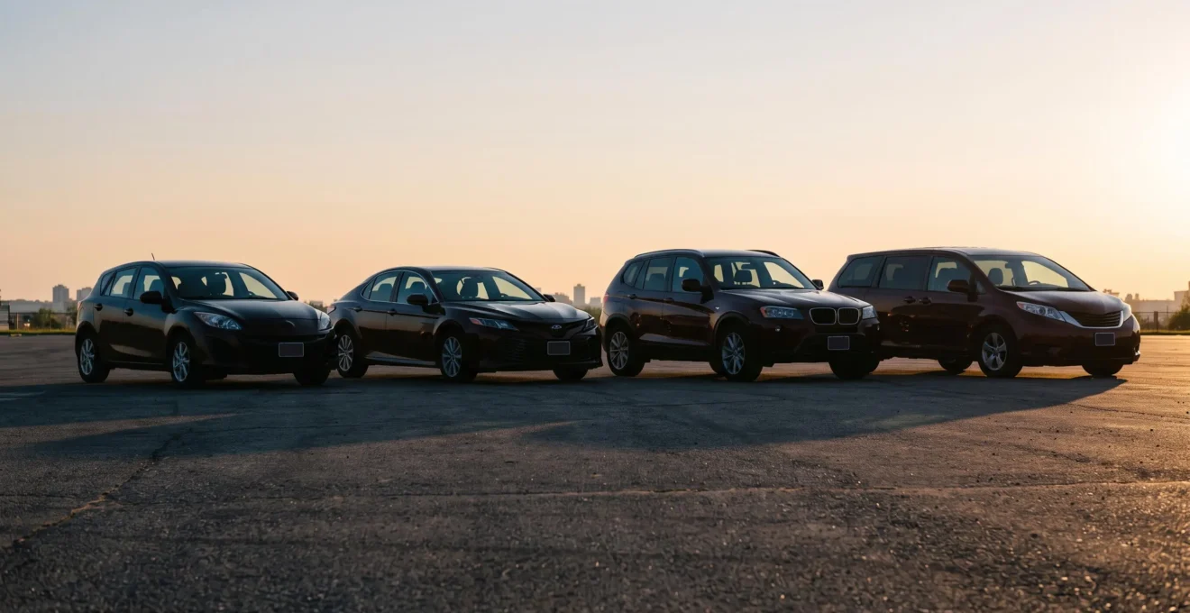 Quatre silhouettes de véhicules différents (citadine, berline, SUV, monospace) alignées côte à côte sur une route au lever du jour, symbolisant le choix entre segments automobiles