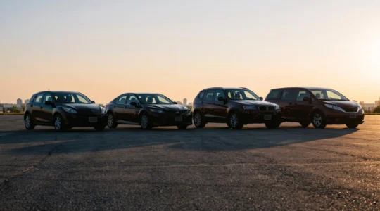 Quatre silhouettes de véhicules différents (citadine, berline, SUV, monospace) alignées côte à côte sur une route au lever du jour, symbolisant le choix entre segments automobiles