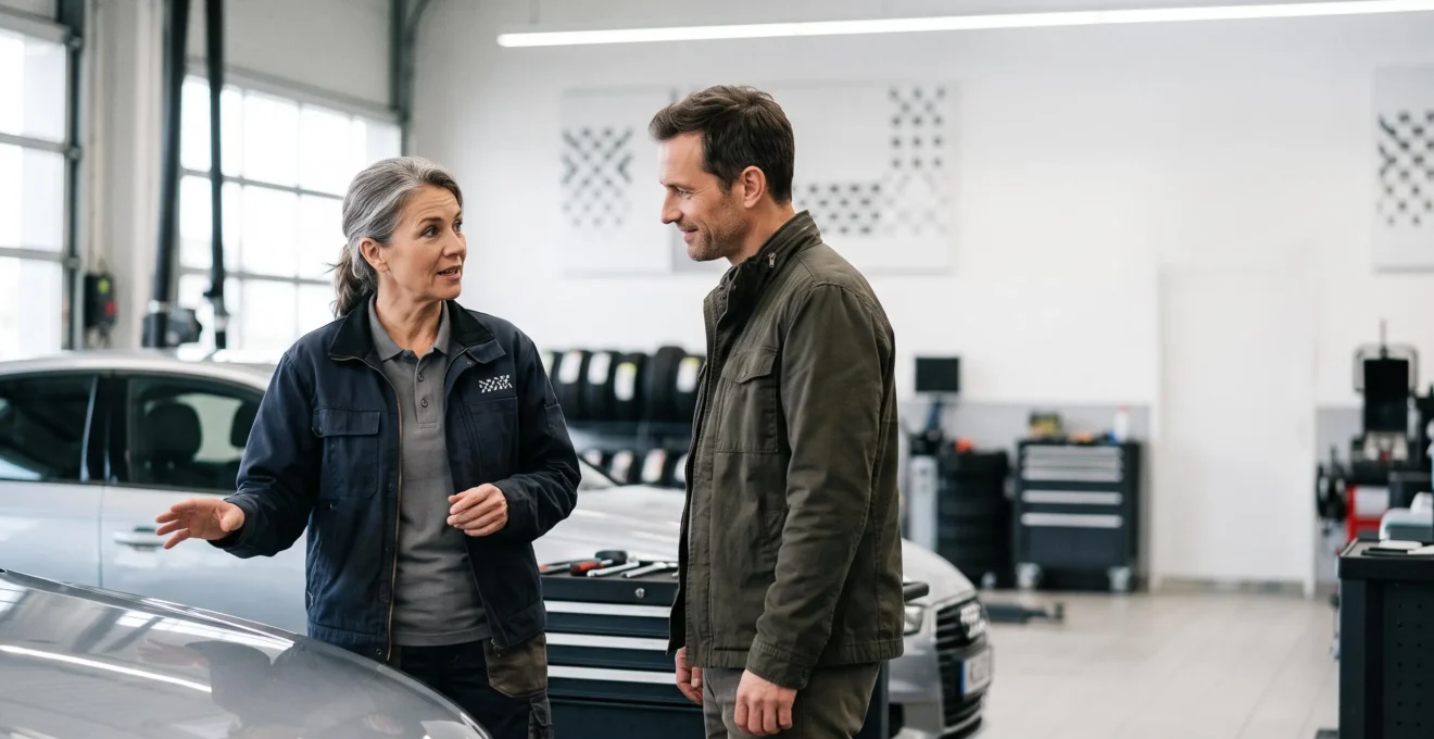 Un conseiller automobile explique les options à un client dans un atelier lumineux et épuré