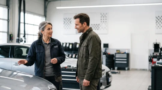 Un conseiller automobile explique les options à un client dans un atelier lumineux et épuré