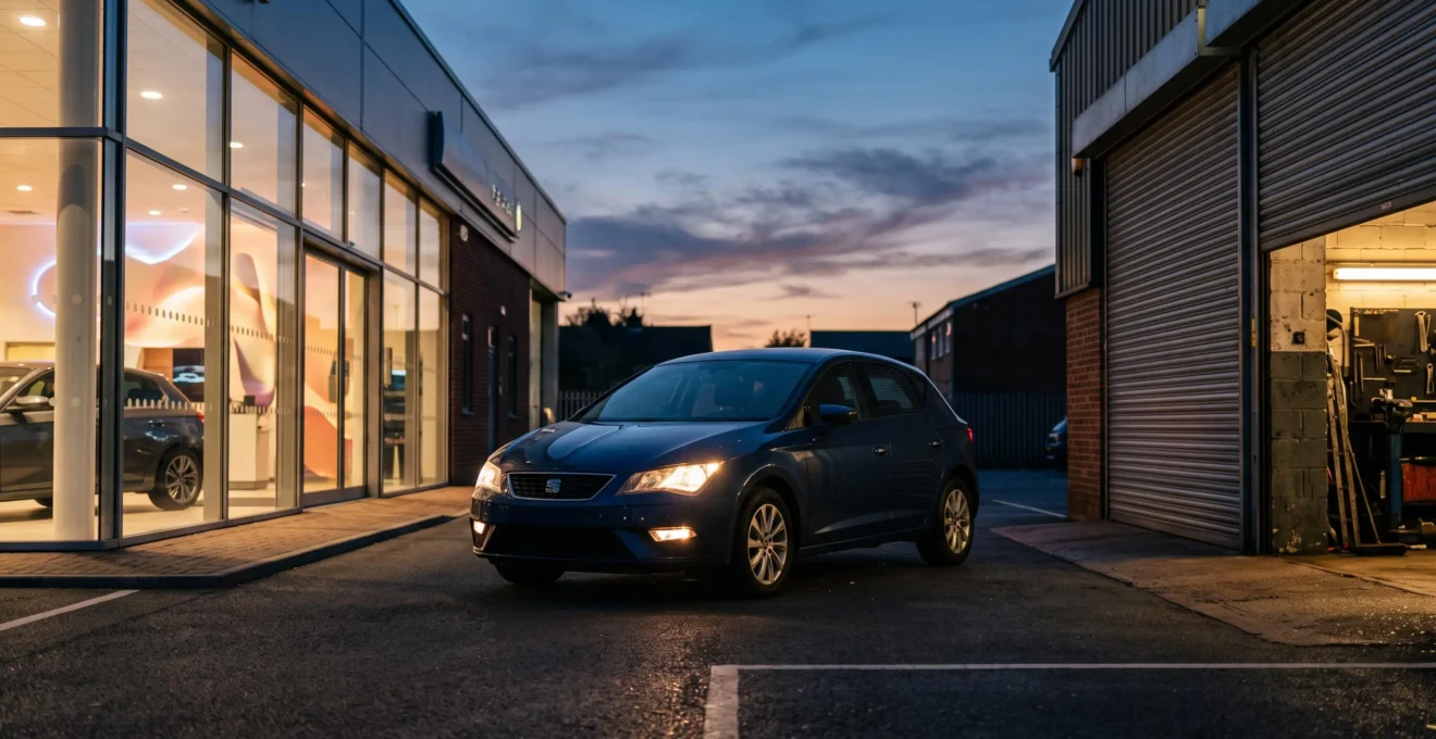 Voiture familiale garee au crepuscule entre une facade de concession vitree et un portail de garage independant, symbolisant le choix entre les deux options d'entretien