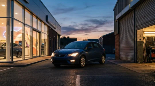 Voiture familiale garee au crepuscule entre une facade de concession vitree et un portail de garage independant, symbolisant le choix entre les deux options d'entretien