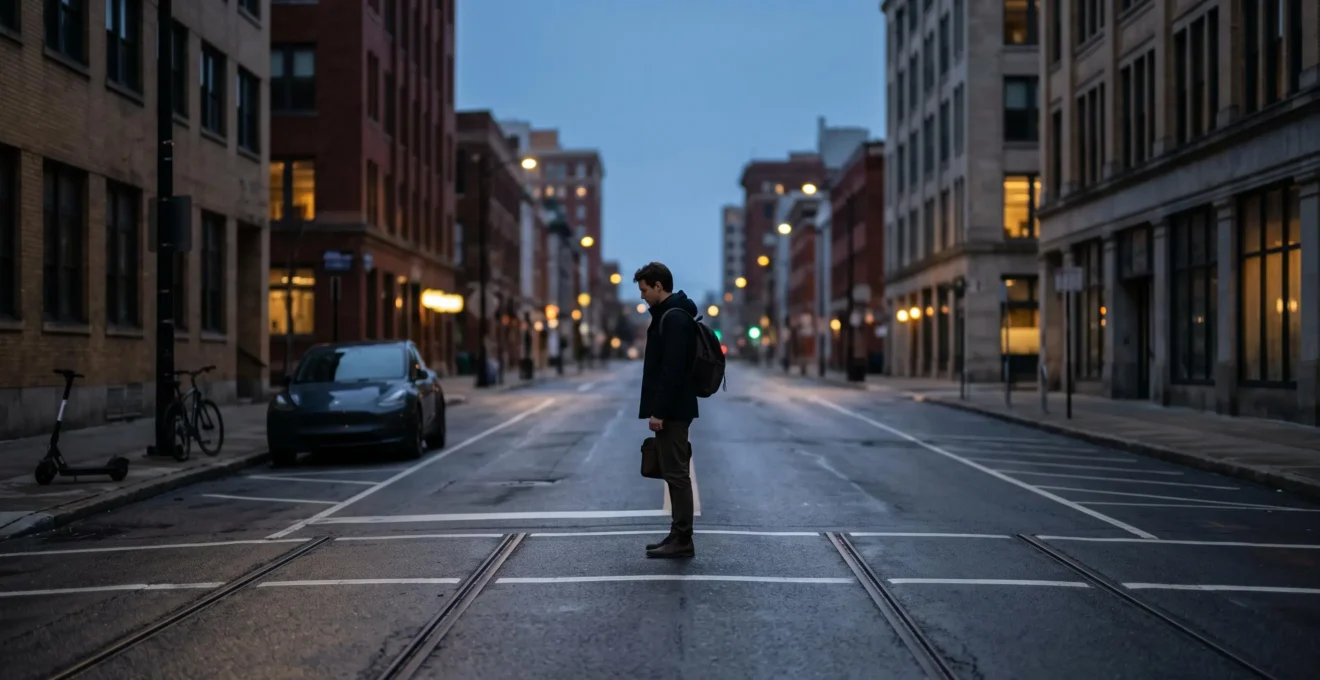 Un citadin hésitant entre plusieurs modes de déplacement urbain à une intersection au crépuscule