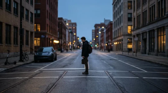 Un citadin hésitant entre plusieurs modes de déplacement urbain à une intersection au crépuscule