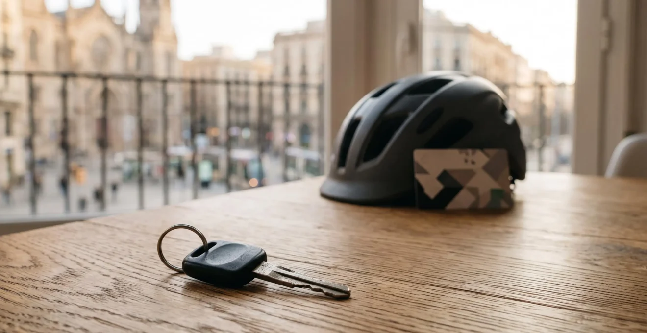 Une clé de voiture personnelle posée sur une table en bois à côté d'un casque de vélo et d'un badge de mobilité abstrait, symbolisant la transition vers l'autopartage