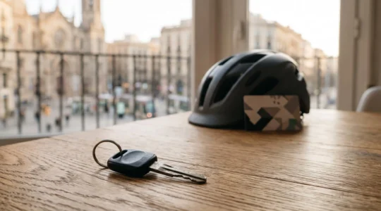 Une clé de voiture personnelle posée sur une table en bois à côté d'un casque de vélo et d'un badge de mobilité abstrait, symbolisant la transition vers l'autopartage