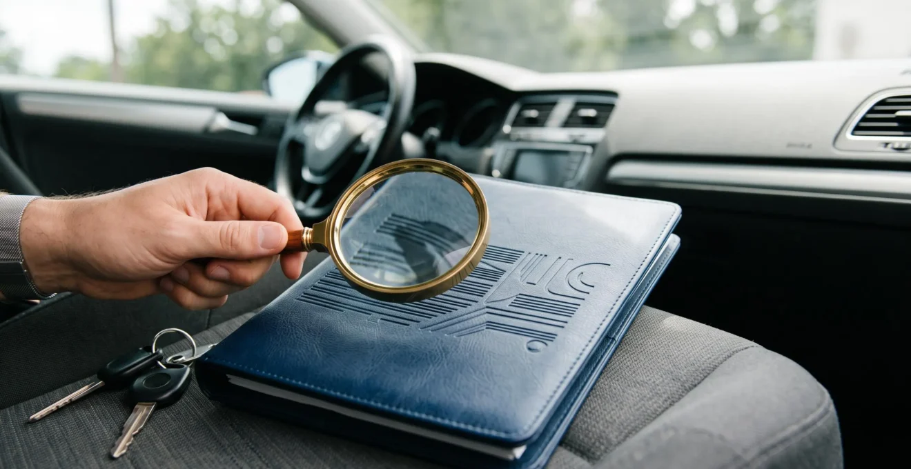 Illustration symbolique d'un conducteur examinant attentivement les clauses cachées de son contrat d'assurance auto