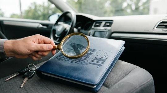 Illustration symbolique d'un conducteur examinant attentivement les clauses cachées de son contrat d'assurance auto