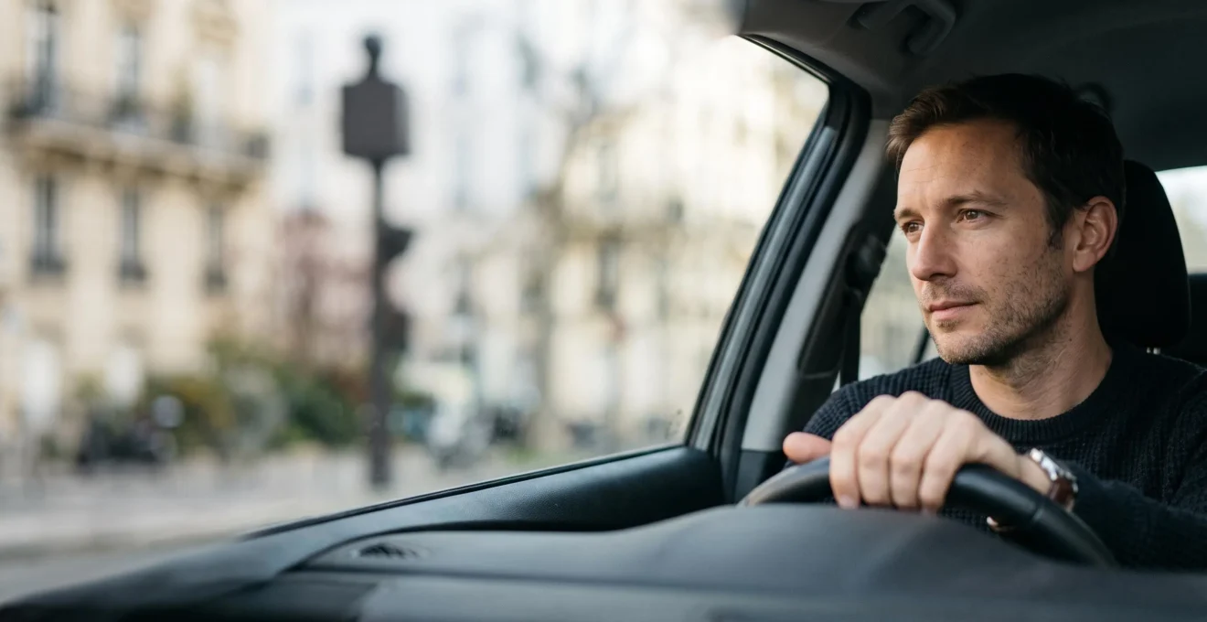 Conducteur pensif tenant son telephone dans sa voiture, reflechissant a la meilleure strategie face a une amende recue
