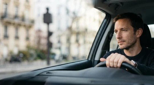 Conducteur pensif tenant son telephone dans sa voiture, reflechissant a la meilleure strategie face a une amende recue