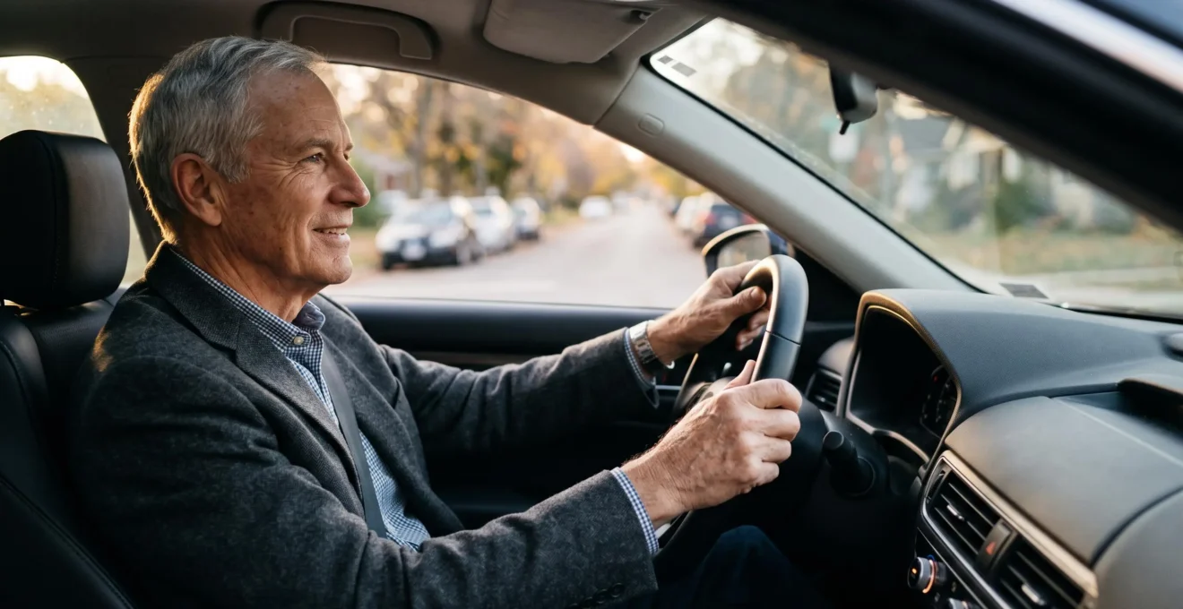 Conducteur senior serein et confiant au volant de sa voiture, symbole de sécurité routière après 65 ans