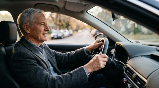 Conducteur senior serein et confiant au volant de sa voiture, symbole de sécurité routière après 65 ans