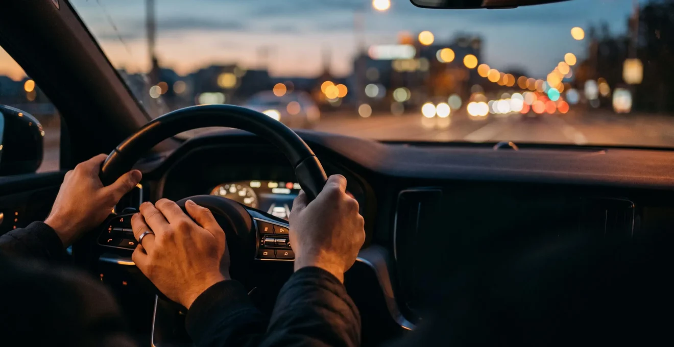 Conducteur serein au volant, interagissant avec les technologies embarquées de sa voiture au quotidien