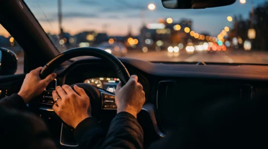 Conducteur serein au volant, interagissant avec les technologies embarquées de sa voiture au quotidien