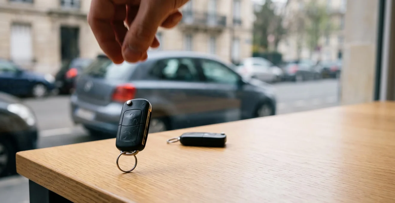 Deux clés de voiture posées sur une table en bois, symbolisant le choix entre un contrat d'assurance auto d'un an et une formule sans engagement