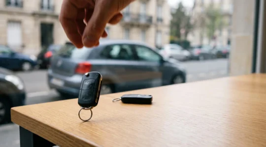 Deux clés de voiture posées sur une table en bois, symbolisant le choix entre un contrat d'assurance auto d'un an et une formule sans engagement