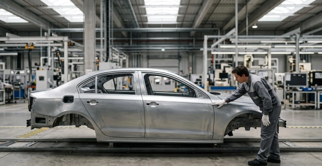 Photographie éditoriale d'une voiture neuve en sortie de ligne de production, symbole de la vérification de la provenance et du standard de fabrication