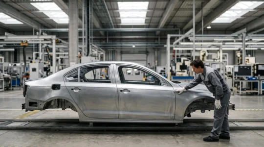 Photographie éditoriale d'une voiture neuve en sortie de ligne de production, symbole de la vérification de la provenance et du standard de fabrication