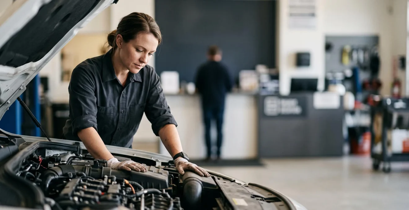 Technicien automobile inspectant un moteur dans un atelier de concession lumineux, symbole de confiance entre le propriétaire et le réseau constructeur