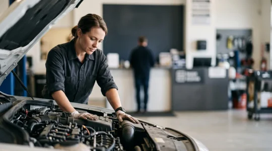 Technicien automobile inspectant un moteur dans un atelier de concession lumineux, symbole de confiance entre le propriétaire et le réseau constructeur