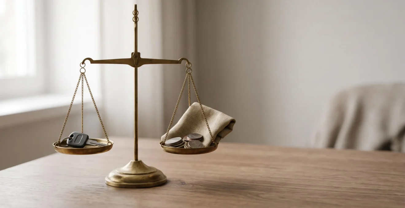 Une balance symbolique mettant en équilibre une clé de voiture et des économies, illustrant la recherche d'un budget automobile réaliste