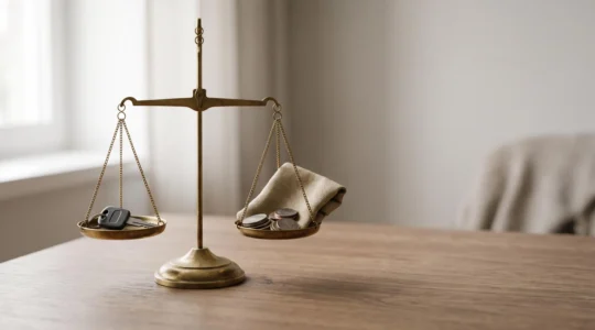 Une balance symbolique mettant en équilibre une clé de voiture et des économies, illustrant la recherche d'un budget automobile réaliste