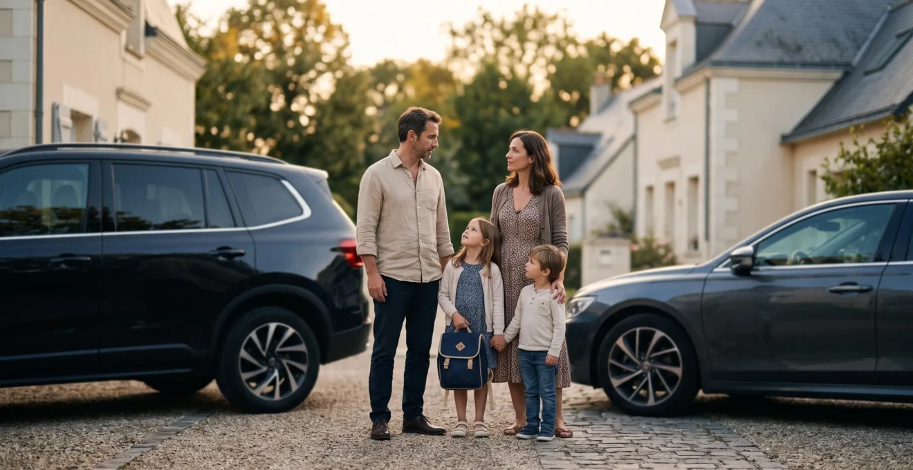 Une famille française debout entre un SUV et une berline sur un parking résidentiel, symbolisant le dilemme du choix automobile familial