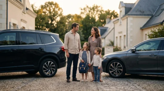 Une famille française debout entre un SUV et une berline sur un parking résidentiel, symbolisant le dilemme du choix automobile familial