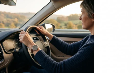 Conducteur serein au volant d'une voiture, symbole de la maitrise durable de son capital de points de permis