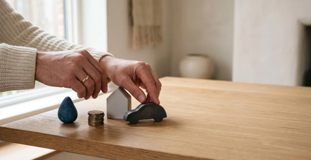 Mains disposant de petits objets symboliques représentant les critères de choix d'une voiture, sur une table épurée