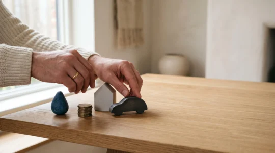 Mains disposant de petits objets symboliques représentant les critères de choix d'une voiture, sur une table épurée