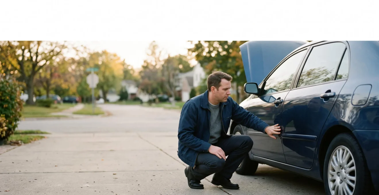 Un acheteur inspecte attentivement une voiture d'occasion dans une cour avant de finaliser son achat