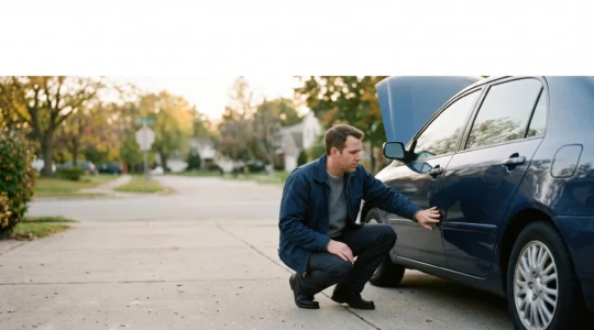 Un acheteur inspecte attentivement une voiture d'occasion dans une cour avant de finaliser son achat