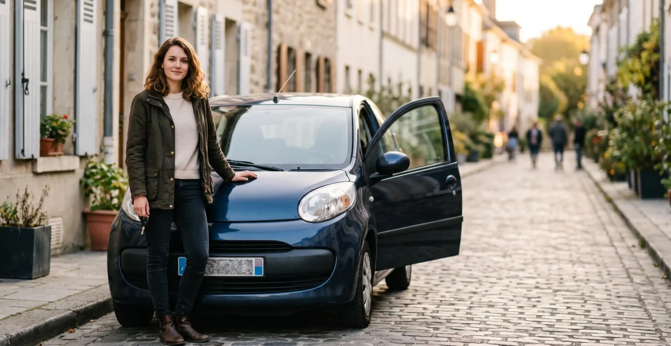Jeune conducteur souriant devant sa voiture, symbolisant la réduction progressive de la surprime d'assurance dès la première année