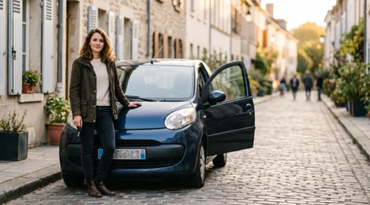 Jeune conducteur souriant devant sa voiture, symbolisant la réduction progressive de la surprime d'assurance dès la première année