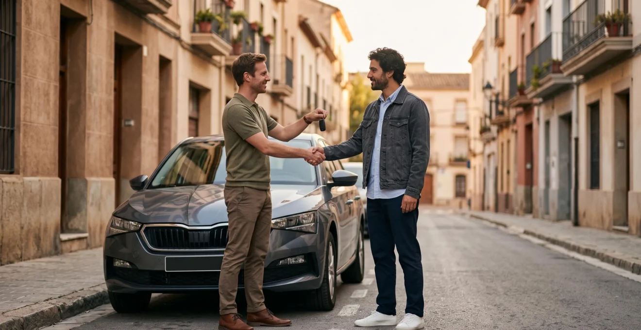 Propriétaire remettant les clés de sa voiture à un locataire souriant sur un parking résidentiel, symbolisant le lancement d'une activité de location entre particuliers