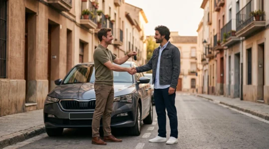 Propriétaire remettant les clés de sa voiture à un locataire souriant sur un parking résidentiel, symbolisant le lancement d'une activité de location entre particuliers